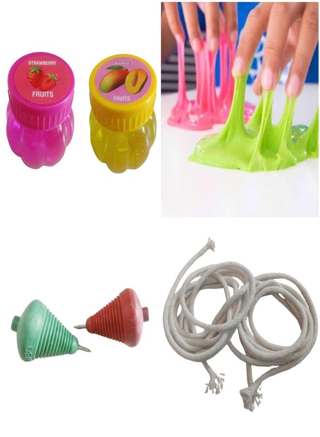 ZOKCY® Combo (2 Plastic Spinning Lattu with Thread + 2 Crystal Slime Jelly) for Kids/for Kids/Plastic Spinning Lattu with Thread Traditional Indian Game/Crystal Slime Jelly Toy for Game - Image 1